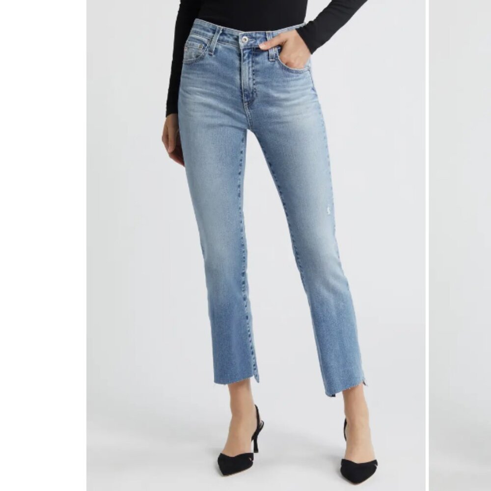 AG Farrah Distressed High Waist Raw Step Hem Bootcut Jeans (size 26)
